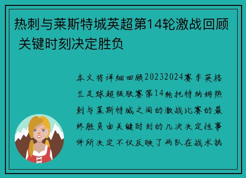 热刺与莱斯特城英超第14轮激战回顾 关键时刻决定胜负